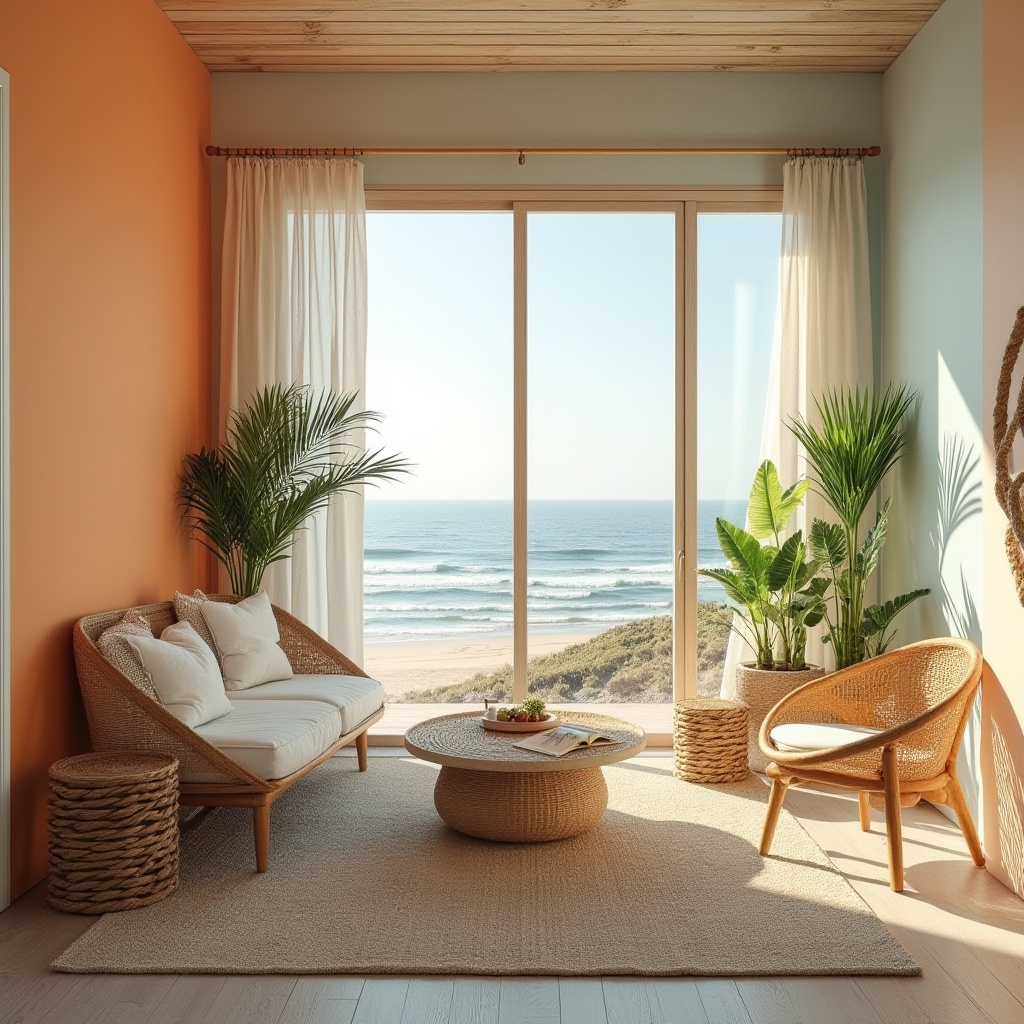 Prompt: Beach modernism, tangerine accent wall, pastel blue, soft peach, creamy white, natural wood, woven rattan furniture, coastal vibe, tropical plants, palm fronds, driftwood decor, nautical rope accents, distressed wooden flooring, large windows, panoramic ocean view, warm golden lighting, 3/4 composition, relaxed atmosphere, soft focus, bohemian style, summer feel.