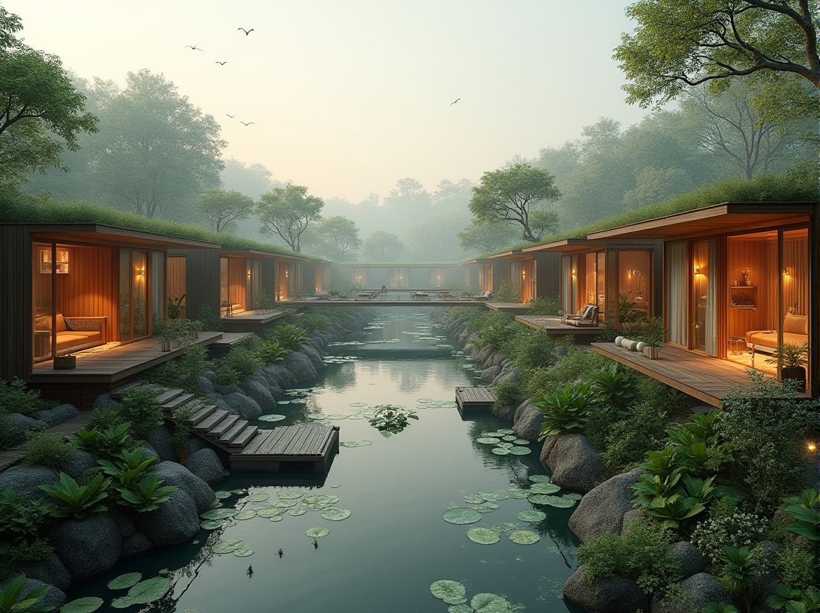 Prompt: Luxurious hotel, wetland environment, eco-friendly architecture, wooden structure, green roof, water lily ponds, misty atmosphere, soft natural lighting, ambient sounds of nature, private balconies with lake views, modern interior design, minimalist furniture, earth-toned colors, floor-to-ceiling windows, sliding glass doors, lush vegetation surroundings, boardwalks and bridges connecting buildings, seagulls flying overhead, serene ambiance, warm sunset glow.