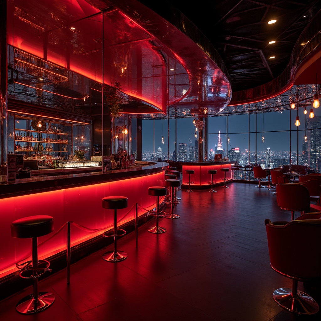 Prompt: Glass material, nightclub, luxurious atmosphere, dim red lighting, shiny reflective surface, transparent walls, metallic frame, elegant curves, futuristic design, LED lights embedded, ambient glow, dance floor, DJ booth, bar counter, stools, neon signs, VIP area, velvet ropes, dark wood accents, chrome details, cityscape view, high-rise building, metropolitan nightlife, 3/4 composition, low-angle shot, cinematic lighting.