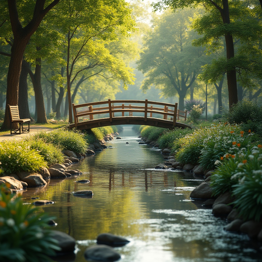 Prompt: Serene park scene, harmonious atmosphere, wooden bridge, gentle stream, lush greenery, vibrant flowers, walking path, tranquil water features, soft sunlight filtering through trees, warm afternoon ambiance, peaceful benches, natural stone paving, rustic wooden railings, curved bridge lines, subtle water reflections, soft focus background, cinematic composition.