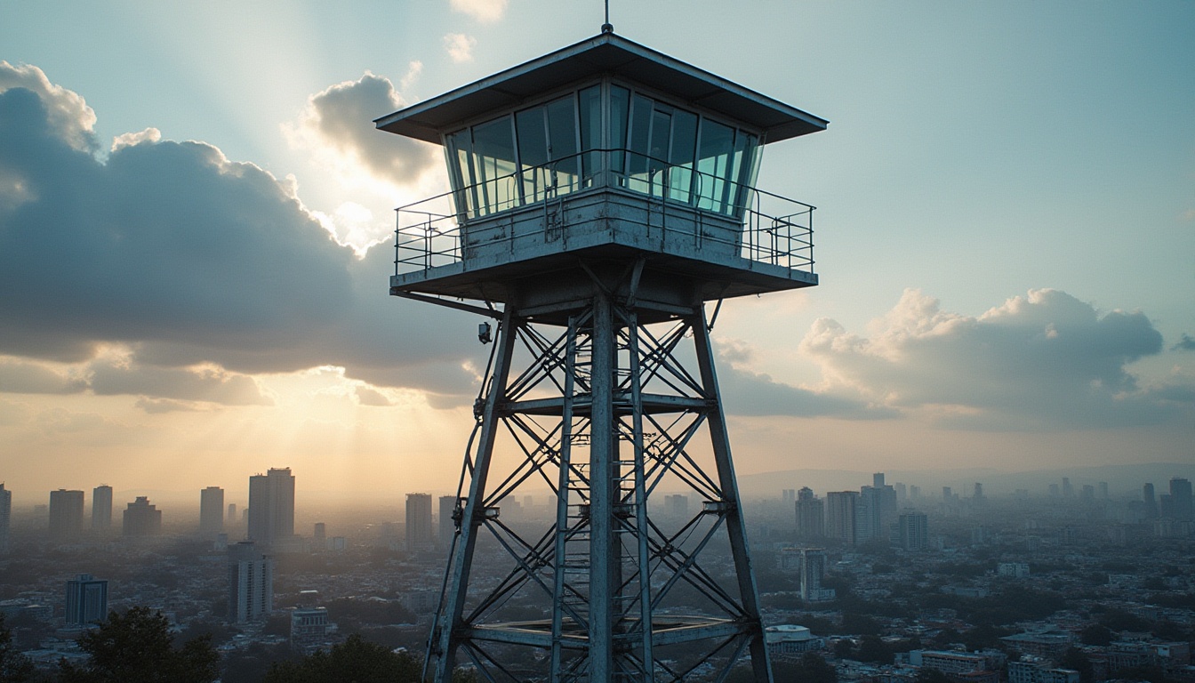 Prompt: Watching tower, steel-framed structure, modern architecture, sleek design, reflective glass, metallic luster, industrial feel, urban setting, cityscape, skyscrapers background, cloudy sky, afternoon sun, dramatic lighting, low-angle shot, strong contrast, bold composition.