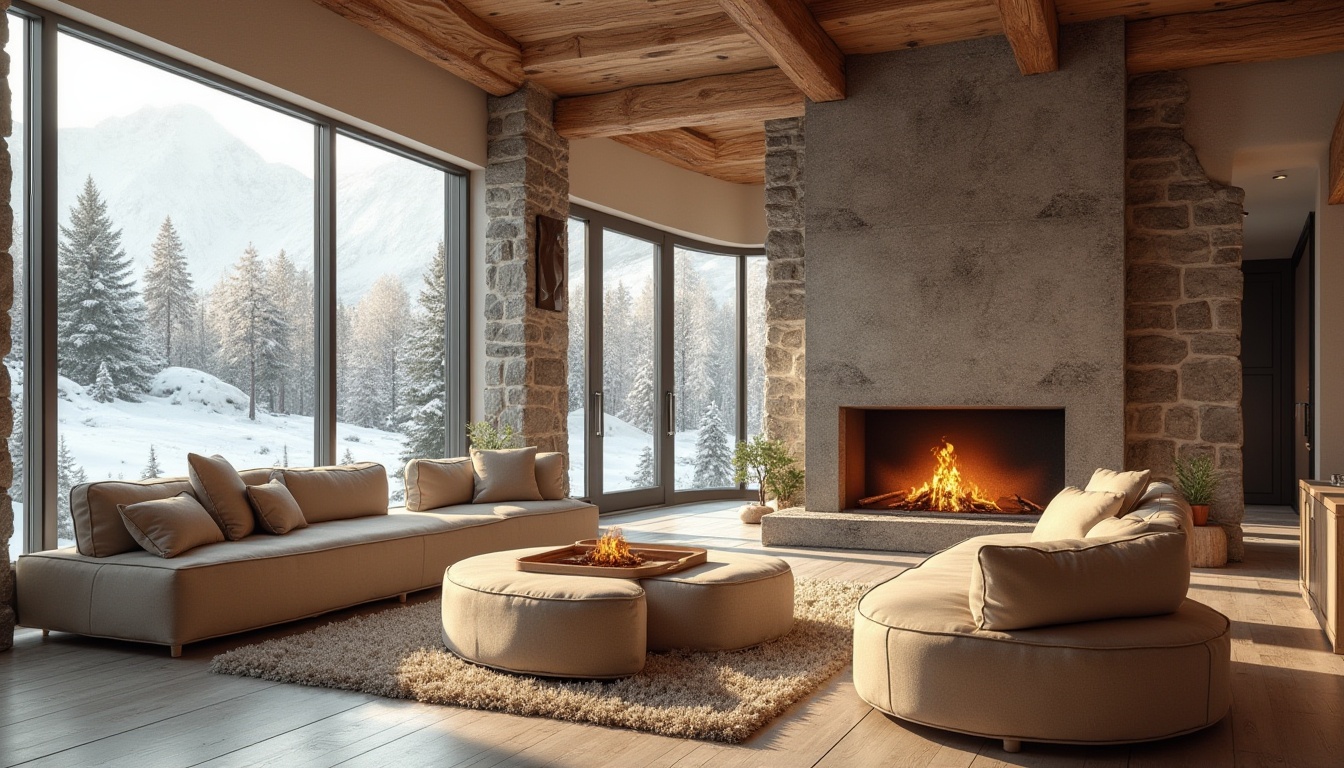 Prompt: Winter sports, ski center interior design, khaki color palette, wooden accents, warm beige walls, earthy tone floors, comfortable seating area, modern fireplace, large windows, snow-capped mountain views, afternoon soft light, cozy atmosphere, rustic-chic decor, wooden beams, natural textures, stone features, relaxed ambiance, 3/4 composition, wide-angle shot, realistic rendering, cinematic lighting.