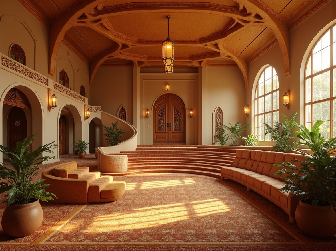 Prompt: Savannah-inspired auditorium, unique architectural design, grandeur entrance, majestic staircase, ornate wooden doors, African-patterned carpets, warm beige walls, high ceilings, chandeliers, circular seating arrangement, vibrant greenery, natural light pouring in through large windows, soft warm glow, afternoon ambiance, cinematic composition, wide-angle lens, shallow depth of field.