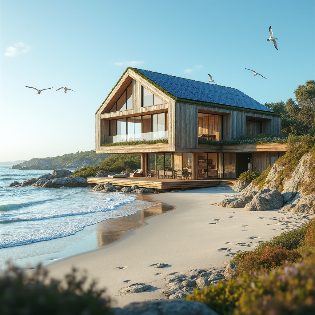 Prompt: Sustainable coastal architecture, eco-friendly building, modern design, seaside villa, solar panels, green roof, reclaimed wood, large windows, ocean view, minimalist interior, natural materials, beachside, waves crashing, seagulls flying, clear blue sky, sunny day, warm lighting, 3/4 composition, shallow depth of field, environmental conservation, responsible development.