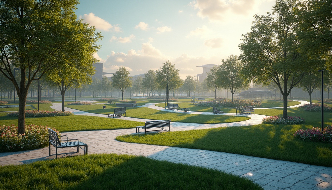 Prompt: Modern park, futuristic atmosphere, vibrant greenery, winding pathways, LED lights, steel benches, minimalist sculptures, large grass lawns, children's playgrounds, splash pads, skate parks, fitness zones, walking trails, lake views, water features, fountains, birdhouses, blooming flowers, evening ambiance, warm lighting, panoramic view, 3/4 composition, soft focus, shallow depth of field.