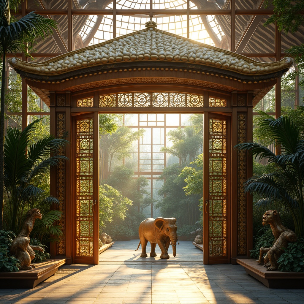 Prompt: Bronze zoo architecture, grand entrance gate, intricate bronze patterns, modern minimalist design, large glass windows, natural light pouring in, wooden accents, lush greenery inside, exotic tropical plants, majestic bronze statues of animals, lion, elephant, giraffe, monkey, 3/4 composition, low-angle shot, warm afternoon sunlight, soft shadows, vibrant colors, high contrast, detailed textures.