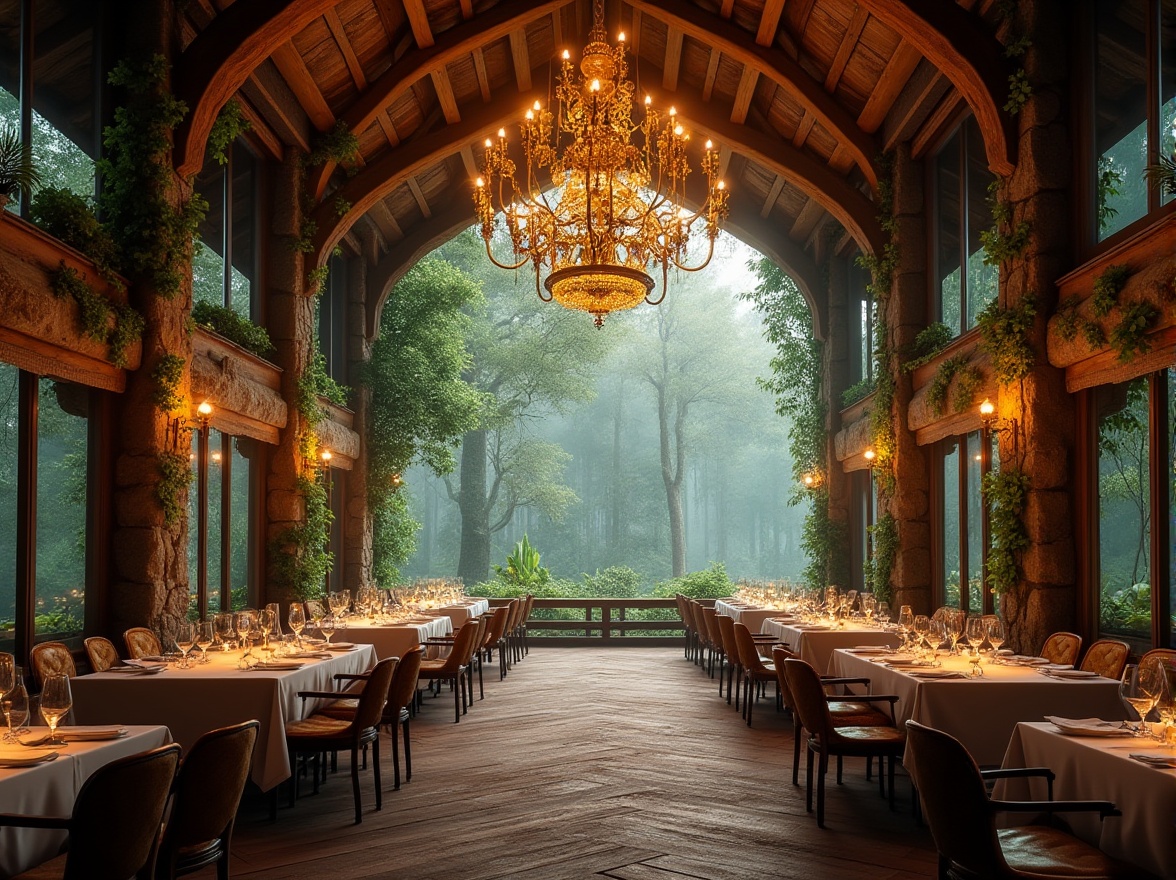 Prompt: Forest-inspired dining hall, grand chandelier, wooden beams, natural stone walls, floor-to-ceiling windows, lush greenery, vines crawling up pillars, warm candlelight, rustic wooden tables, comfy cushioned chairs, elegant white tablecloths, fine china, sparkling glassware, soft forest breeze, misty atmosphere, morning sunlight filtering through trees, panoramic view of surrounding forest, 3/4 composition, warm color palette, realistic textures, cinematic lighting.