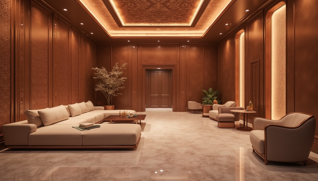 Prompt: Copper material, luxurious interior design, modern villa, minimalist style, metallic texture, rose gold accents, intricate patterns, LED lighting, soft warm glow, high-end atmosphere, elegant decorative lines, 3/4 composition, shallow depth of field, detailed reflections, cinematic rendering.