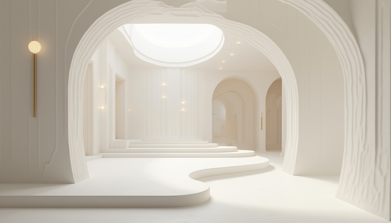 Prompt: Architecture, building design, interior decoration, modern style, white plaster material, smooth texture, geometric shapes, abstract patterns, minimalist composition, soft natural light, 3/4 view, warm color tone, elegant atmosphere, luxurious feel, high-end aesthetic, realistic rendering, detailed texture, ambient occlusion.