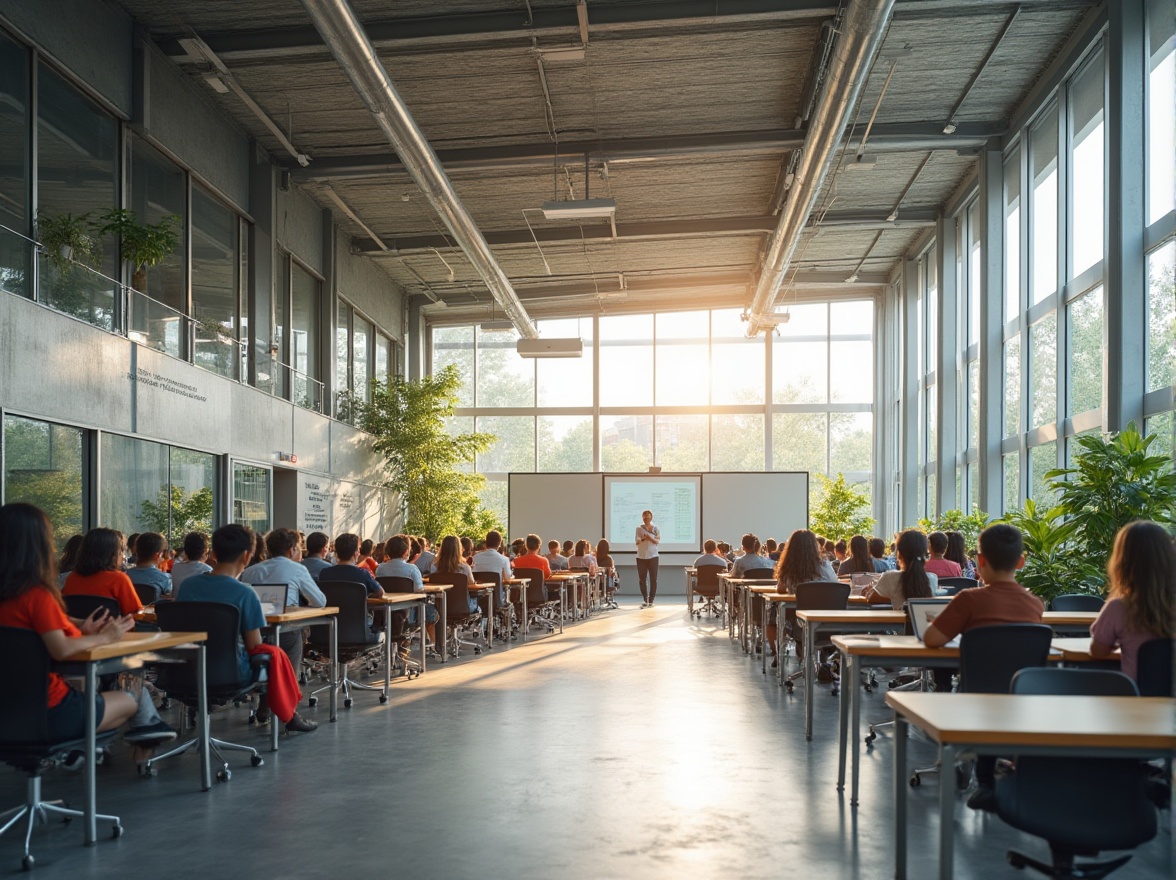 Prompt: Modern school building, Galvanized steel structure, silver metallic luster, industrial texture, sleek lines, minimalist design, vast open spaces, natural light pouring in through floor-to-ceiling windows, polished concrete floors, rows of wooden desks, ergonomic chairs, green plants scattered throughout, inspirational quotes on walls, educational equipment, interactive whiteboards, students engaging in group discussions, teacher guiding at the front, warm and soft lighting, 3/4 composition, shallow depth of field, architectural photography style.