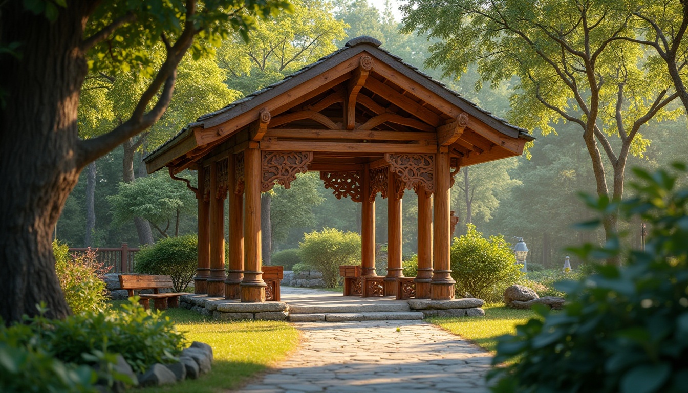 Prompt: Wooden pavilion, academic style, surrounded by lush greenery, wooden columns, intricate carvings, warm lighting, rustic wood texture, natural material, earthy tone, cozy atmosphere, serene ambiance, wooden benches, stone pathway, surrounding trees, overhanging branches, soft focus, gentle sunlight filtering through leaves, 3/4 composition, symmetrical balance, natural scenery, peaceful environment.