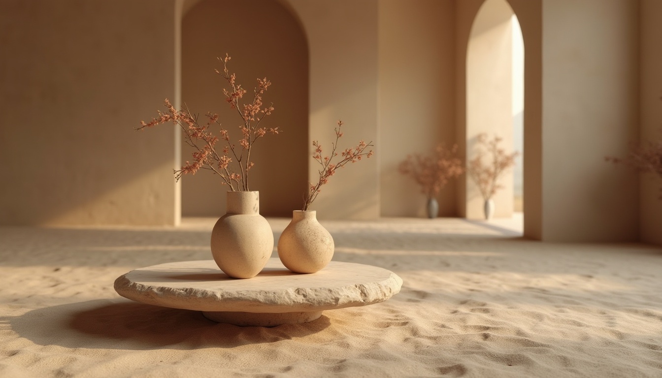 Prompt: Sand-casted materials, modern architecture, interior design, decorative vase, coffee table, abstract shapes, rough texture, earthy color, natural ambiance, soft lighting, 3/4 composition, minimalist background, shallow depth of field, warm atmosphere, realistic rendering.