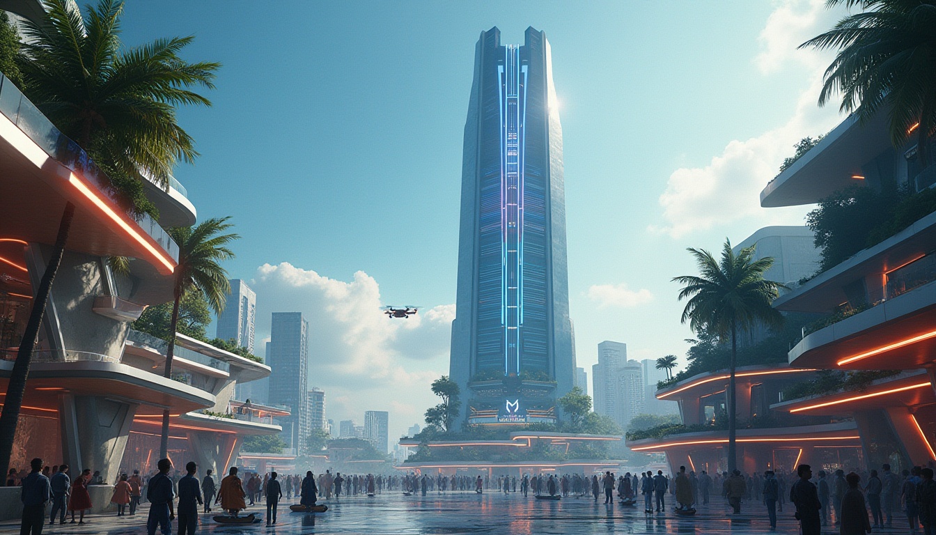 Prompt: Futuristic, avant-garde, sleek skyscraper, neon lights, reflective glass, metallic materials, geometric shapes, cantilevered structures, green roofs, urban jungle, cityscape, drone flying by, people in futuristic outfits, sunglasses, hoverboards, holographic advertisements, 3/4 composition, low-angle shot, cinematic lighting, depth of field, vibrant colors, abstract background, sci-fi atmosphere.