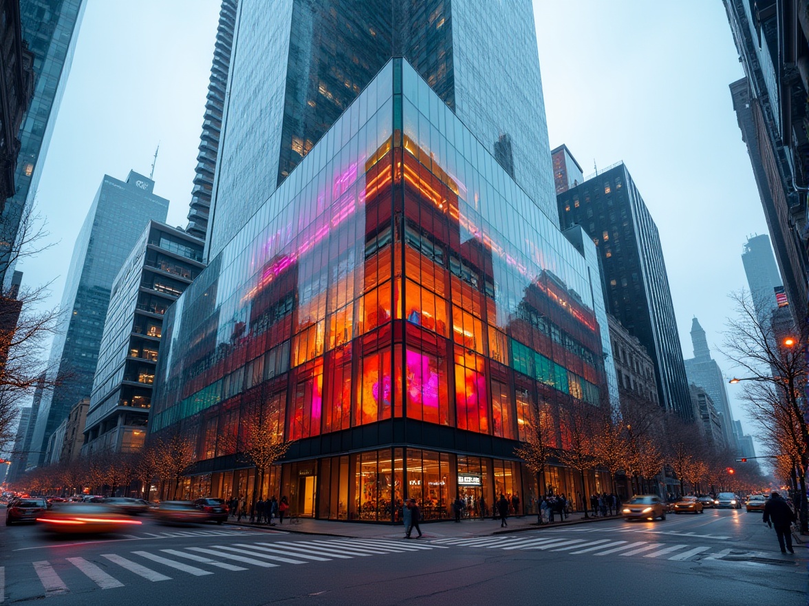 Prompt: Modern building, urban landscape, colored glass façade, geometric shape, steel frame, reflective surface, vibrant colors, gradient effect, abstract pattern, 3/4 composition, low-angle shot, dramatic lighting, cityscape, metropolitan area, busy street, pedestrian crossing, blurred motion, bokeh effect.