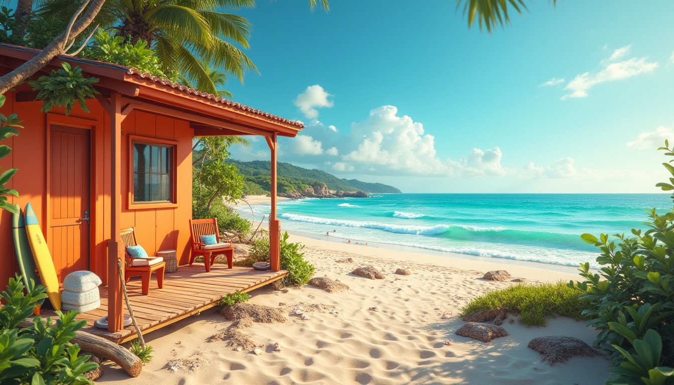 Prompt: Vibrant coastal scenery, tangerine-colored beach hut, wooden deck, wicker furniture, nautical ropes, seashells, driftwood, warm sandy dunes, clear blue skies, few puffy clouds, gentle ocean breeze, calming waves crashing, tropical plants with bright green leaves, colorful surfboards, laid-back surfer, sunglasses, relaxed posture, natural textures, warm soft lighting, cinematic composition, panoramic view.