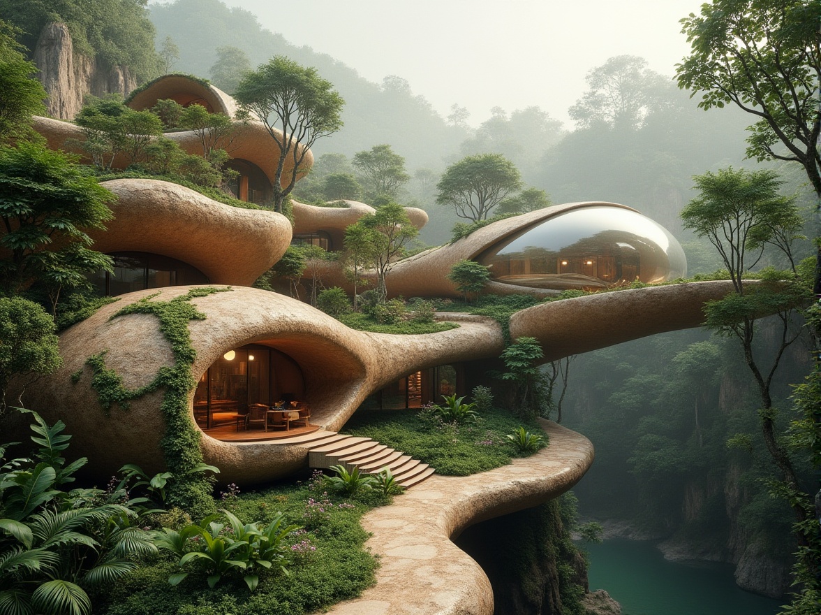 Prompt: Organic architecture, futuristic, sustainable, incorporating Chukum material, wavy lines, irregular shapes, natural texture, earthy tone, curved walls, transparent dome, lush greenery, vines crawling up, exotic plants, misty atmosphere, soft warm lighting, 3/4 composition, panoramic view, bird's eye view, eco-friendly, innovative design, blending into surroundings, serene ambiance.