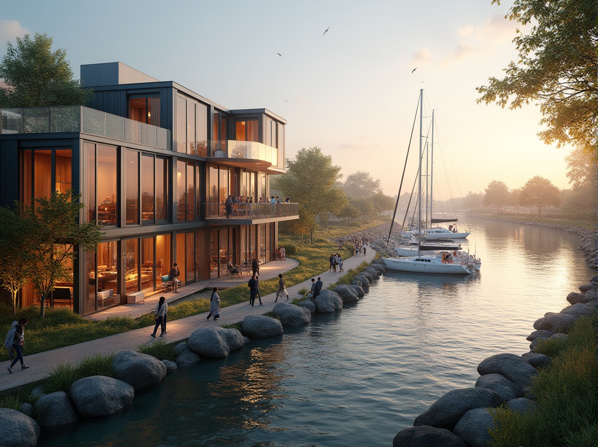 Prompt: Lakefront living, modern social housing, futuristic architecture, glass facade, steel structure, minimalist interior design, wooden accents, floor-to-ceiling windows, balcony overlooking lake, sailboats and yachts docked, seagulls flying overhead, sunset time, warm golden light, gentle lapping of water against shore, lush greenery surrounding building, walking path along lakefront, residents socializing in outdoor communal area, soft music playing in the background, ambient lighting, 3/4 composition, panoramic view.