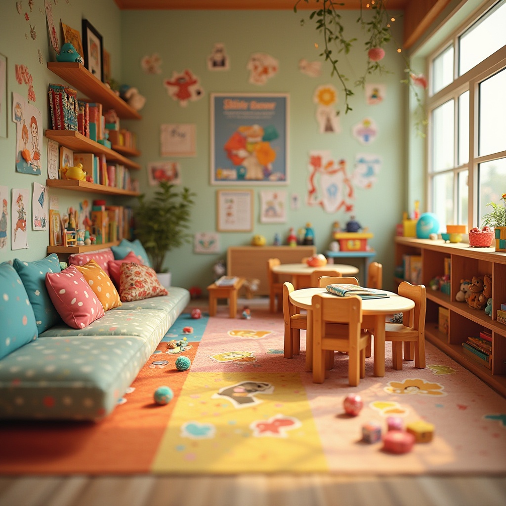 Prompt: Colorful kindergarten, vibrant fabrics, playful textures, cotton, linen, velvet, polka dots, stripes, florals, cartoon characters, soft cushions, cozy reading nook, wooden tables, tiny chairs, educational toys, building blocks, stuffed animals, warm lighting, natural materials, earthy tone, 3/4 composition, shallow depth of field.