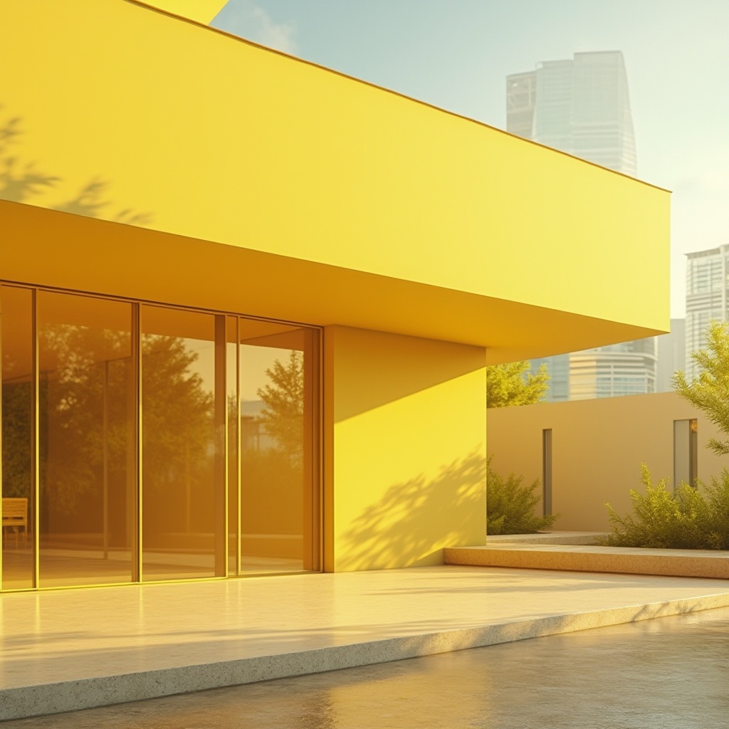 Prompt: Bright light yellow building, modern minimalist style, sleek lines, large glass windows, reflective surfaces, urban cityscape background, sunny day, warm soft lighting, gentle shadows, 3/4 composition, shallow depth of field, vibrant color contrast, calm atmosphere, Scandinavian design influence, geometric shapes, clean textures, subtle gradient effects.