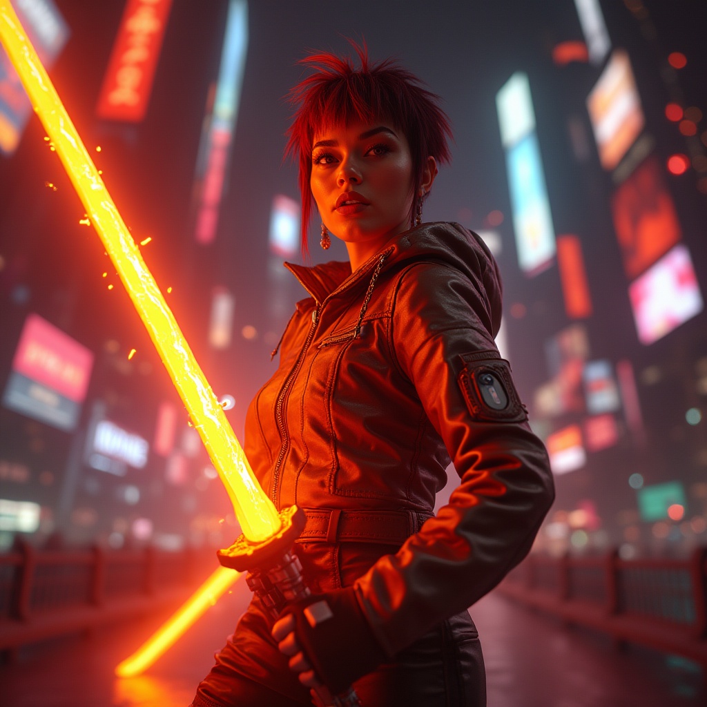 Prompt: Vibrant orange-red tone, futuristic sci-fi setting, neon-lit cityscape, sleek skyscrapers, holographic advertisements, energetic female protagonist, short spiky hair, bold red-orange lipstick, metallic jacket, high-waisted leather pants, combat boots, holding a glowing orange-red energy sword, dramatic low-angle shot, cinematic composition, moody lighting, 3/4 view.