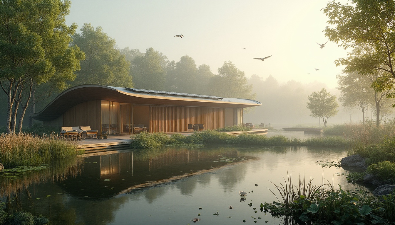 Prompt: Eco-friendly building, harmonious integration with wetland environment, modern curved lines, green roof, solar panels, wooden decks, minimalist design, reflective pools, lush vegetation, tall reeds, water lilies, misty morning atmosphere, warm sunlight filtering through trees, birds flying overhead, peaceful ambiance, 3/4 composition, shallow depth of field, natural materials, earth tones, serene backdrop.