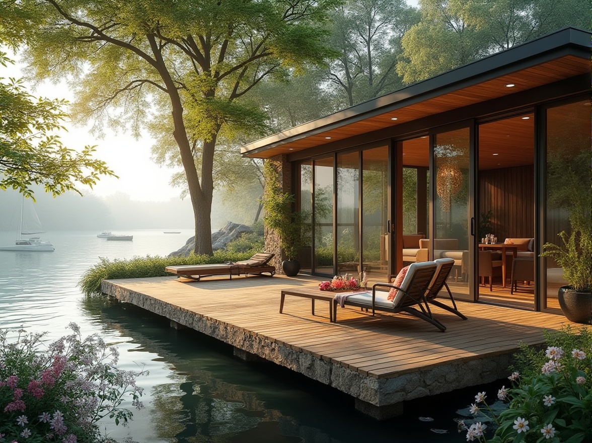 Prompt: Luxurious lakefront villa, modern architecture, floor-to-ceiling windows, sliding glass doors, wooden decking, outdoor furniture, tranquil atmosphere, surrounded by lush greenery, tall trees, overhanging branches, vibrant flowers, serene lake waters, sailboats, kayaks, misty morning, warm sunlight, soft focus, shallow depth of field, natural materials, wood accents, stone walls, panoramic view, 3/4 composition, cinematic lighting.