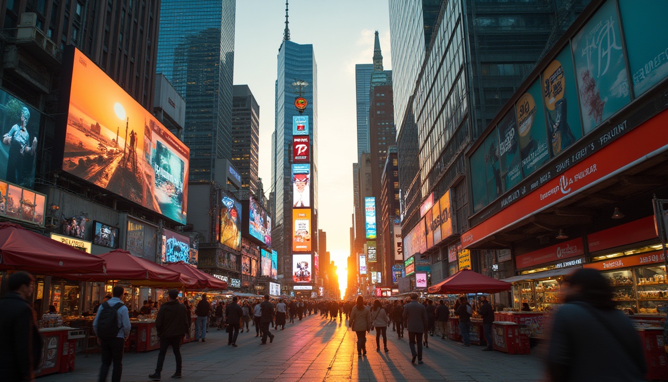 Prompt: Commercial districts, urban skyscrapers, cityscape, busy streets, neon lights, giant billboards, pedestrian crowds, street performers, food stalls, modern architecture, glass buildings, metallic structures, concrete roads, bustling atmosphere, sunset time, warm golden light, dramatic shadows, deep depth of field, cinematic composition.