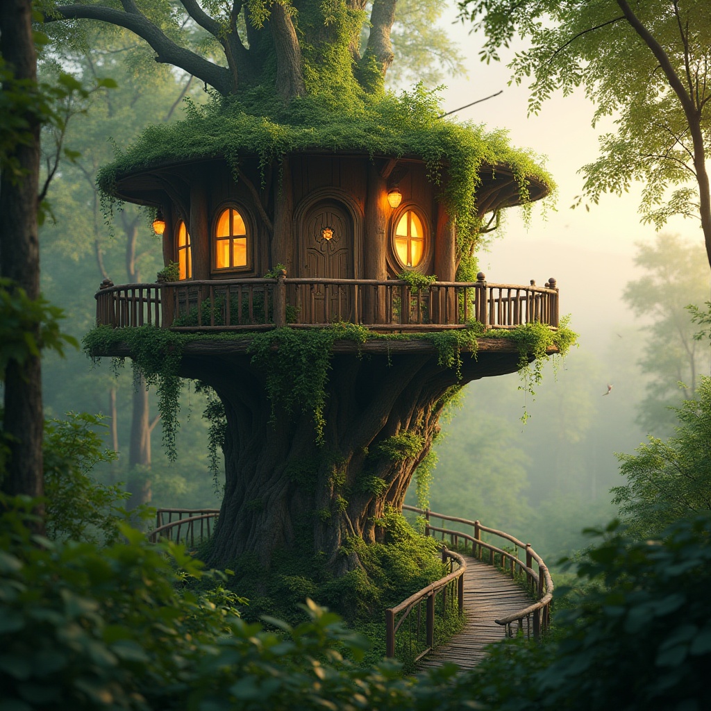 Prompt: Watching tower, blending with nature, surrounded by lush greenery, vines crawling up walls, windows resembling tree knots, wooden accents, earthy tones, moss-covered roof, bird's nest-inspired architecture, organic curves, twisted tree trunk pillars, leaves-shaped railings, misty atmosphere, soft morning light, warm sunset glow, 3/4 composition, cinematic depth of field, ambient sound of birds chirping.