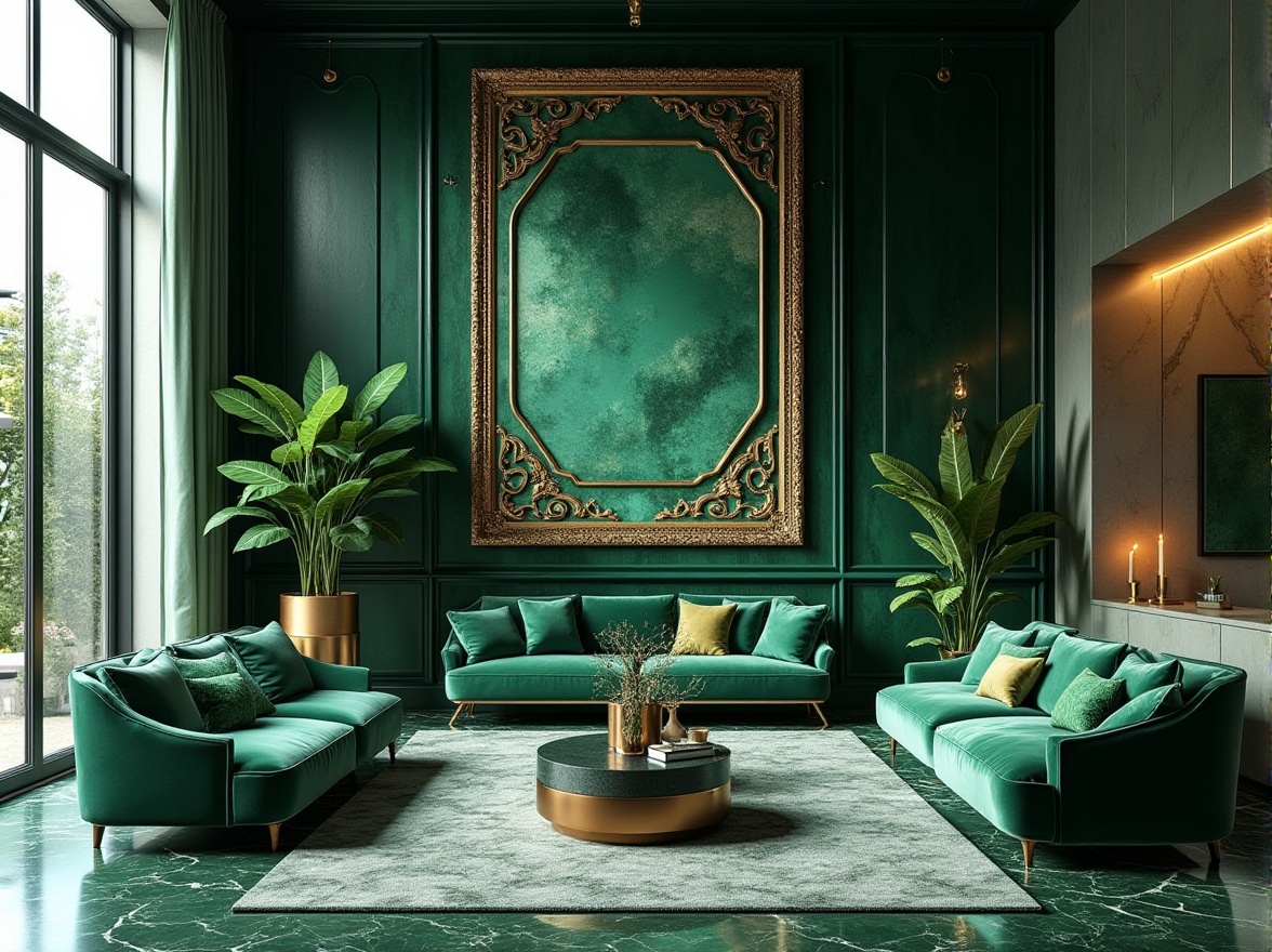 Prompt: Malachite inspired design, luxurious interior, modern villa, large windows, green malachite walls, ornate golden frames, marble floors, intricate patterns, velvet sofas, emerald green accents, copper lighting fixtures, abstract artwork, botanical elements, natural textures, 3/4 composition, softbox lighting, warm atmosphere, high-end decor.