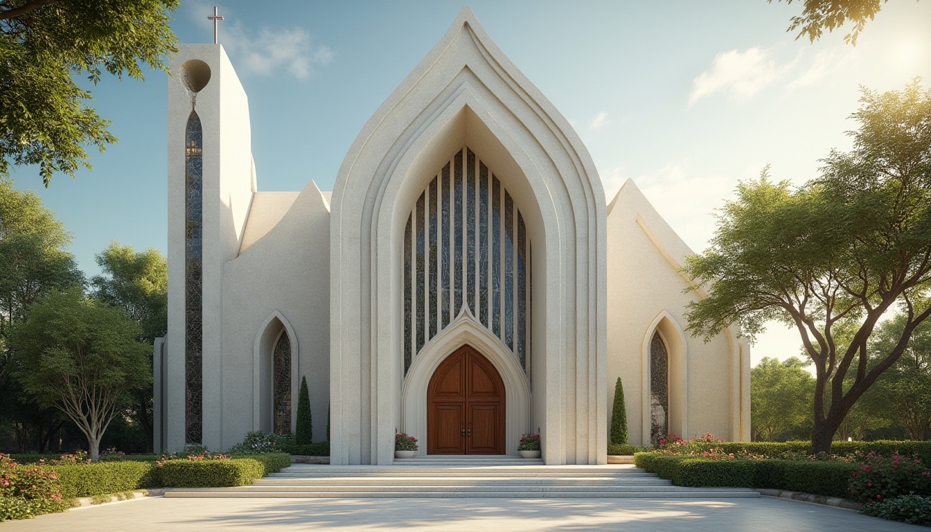 Prompt: Streamlined Moderne church, grandiose entrance, symmetrical façade, curved lines, minimalist decorations, large stained glass windows, intricate patterns, ornate door handles, majestic bell tower, elegant stone walls, lush greenery surroundings, blooming flowers, serene atmosphere, warm afternoon sunlight, soft shadows, 3/4 composition, cinematic lighting, detailed textures, realistic architecture.