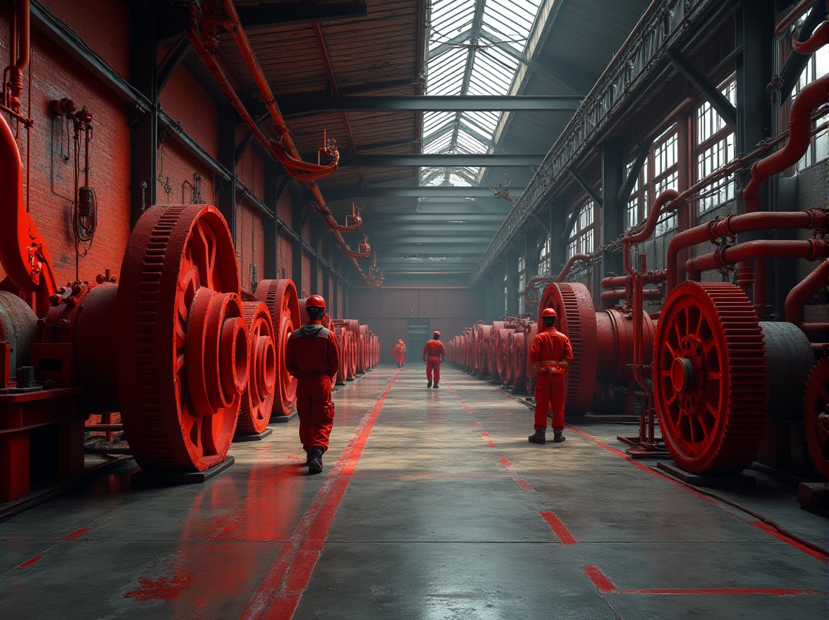 Prompt: industrial factory, red accent walls, metallic machinery, steel beams, rusty pipes, workers in red uniforms, safety helmets, tool belts, bold red lines on concrete floors, giant red gears, steam punk elements, exposed brick, industrial lighting, dramatic shadows, low-angle shot, cinematic composition, high contrast, moody atmosphere.