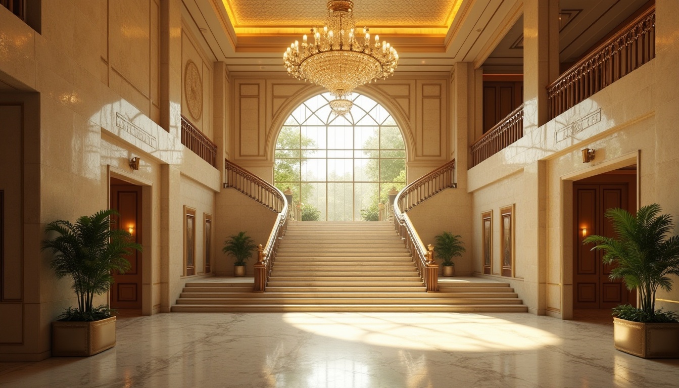 Prompt: Luminous hospital lobby, Art Deco style, incorporating limestone walls, geometric patterns, ornate metal railings, grand staircase with curved lines, luxurious chandelier, marble flooring, symmetrical composition, warm golden lighting, subtle shadows, 1930s ambiance, elegant, sophisticated, detailed architectural elements, imposing entrance, tropical plants in decorative planters, subtle texture on the limestone surface, shallow depth of field.