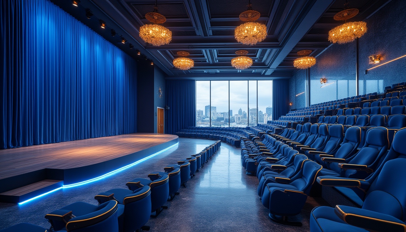 Prompt: Modern auditorium, blue accent wall, blue velvet curtains, blue LED lights, grand staircase, polished marble floor, ornate golden chandeliers, comfortable blue cushioned chairs, wooden stage, spotlights, ceiling-high windows, cityscape view, daytime, natural light pouring in, 3/4 composition, warm ambient lighting.