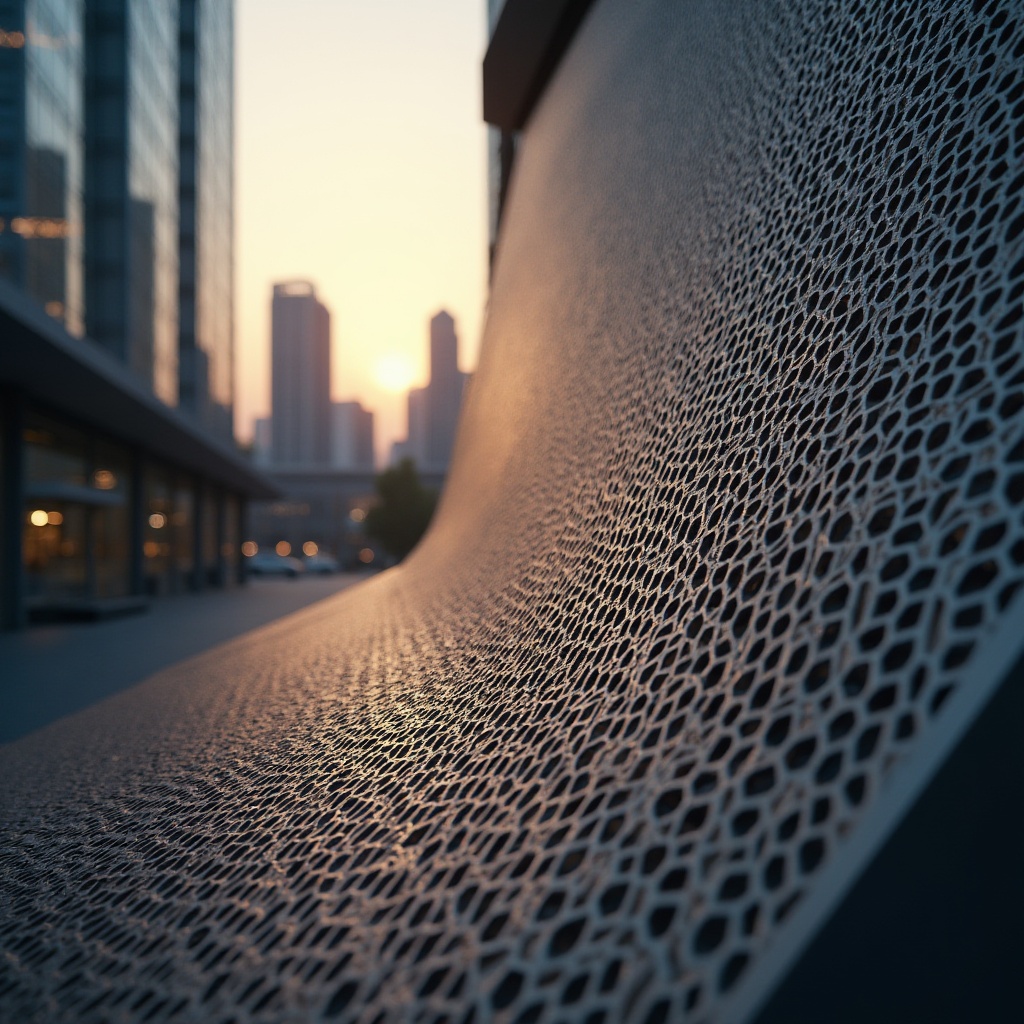 Prompt: Modern architectural design, perforated metal material, geometric patterns, hexagonal shapes, industrial chic style, urban cityscape, sleek skyscraper background, evening atmosphere, warm golden lighting, shallow depth of field, 3/4 composition, dramatic shadows, metallic texture, intricate details, futuristic ambiance.