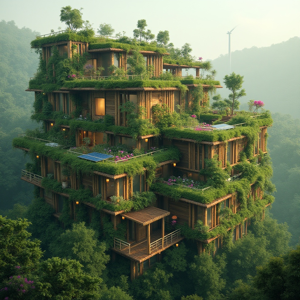 Prompt: Green architecture, eco-friendly building, organic design, sustainable practices, recyclable materials, natural textures, living walls, green roofs, solar panels, wind turbines, bamboo structure, reclaimed wood, earthy tones, lush vegetation, vines crawling up walls, flowers blooming on rooftops, serene forest surroundings, misty morning atmosphere, soft diffused lighting, warm colors, 3/4 composition, cinematic angle, depth of field.