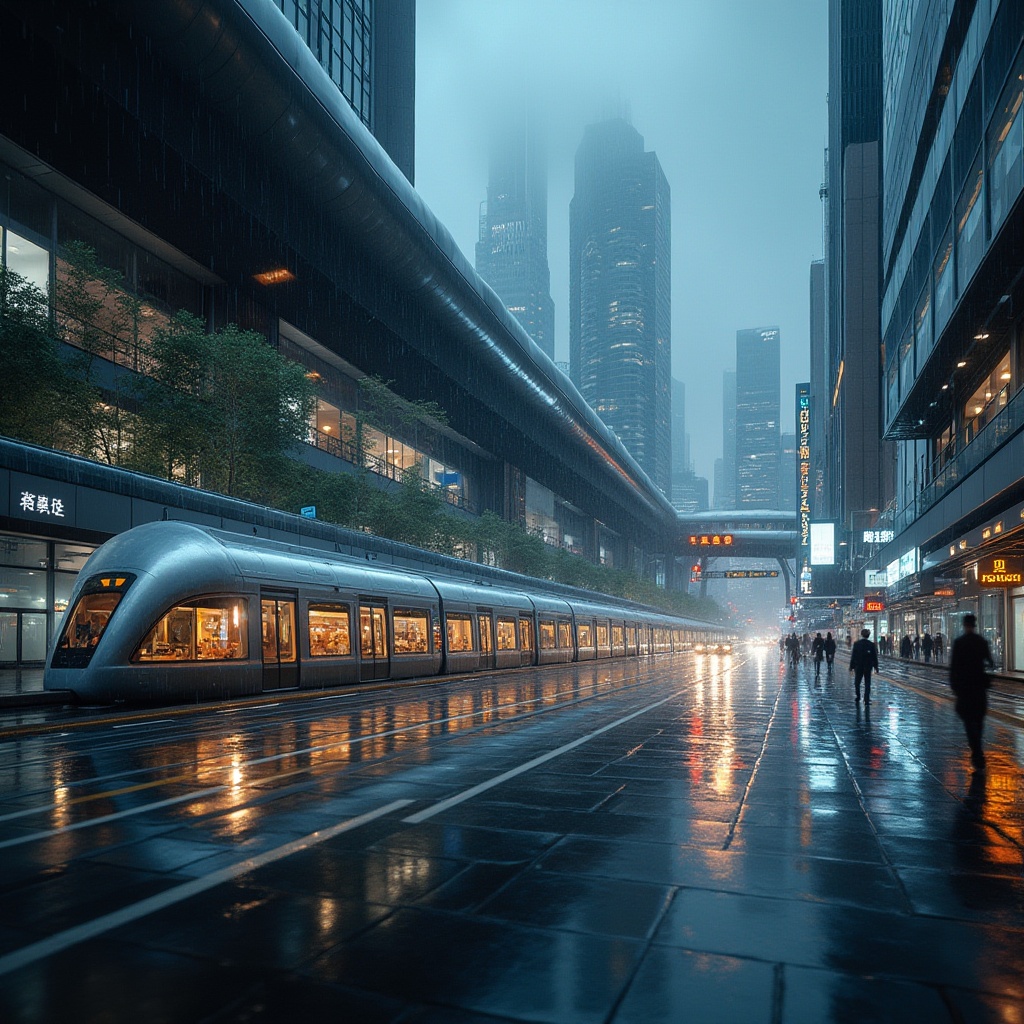 Prompt: Futuristic transportation hub, sleek modern architecture, curved lines, angular structures, metallic materials, glass facades, neon lights, bustling cityscape, rainy night, blurred motion, 3/4 composition, cinematic lighting, depth of field, urban landscape, metropolitan area, skyscrapers, busy streets, pedestrians in motion, abstract reflections on wet pavement, rainy atmosphere, foggy mood, dark tones, vibrant highlights.