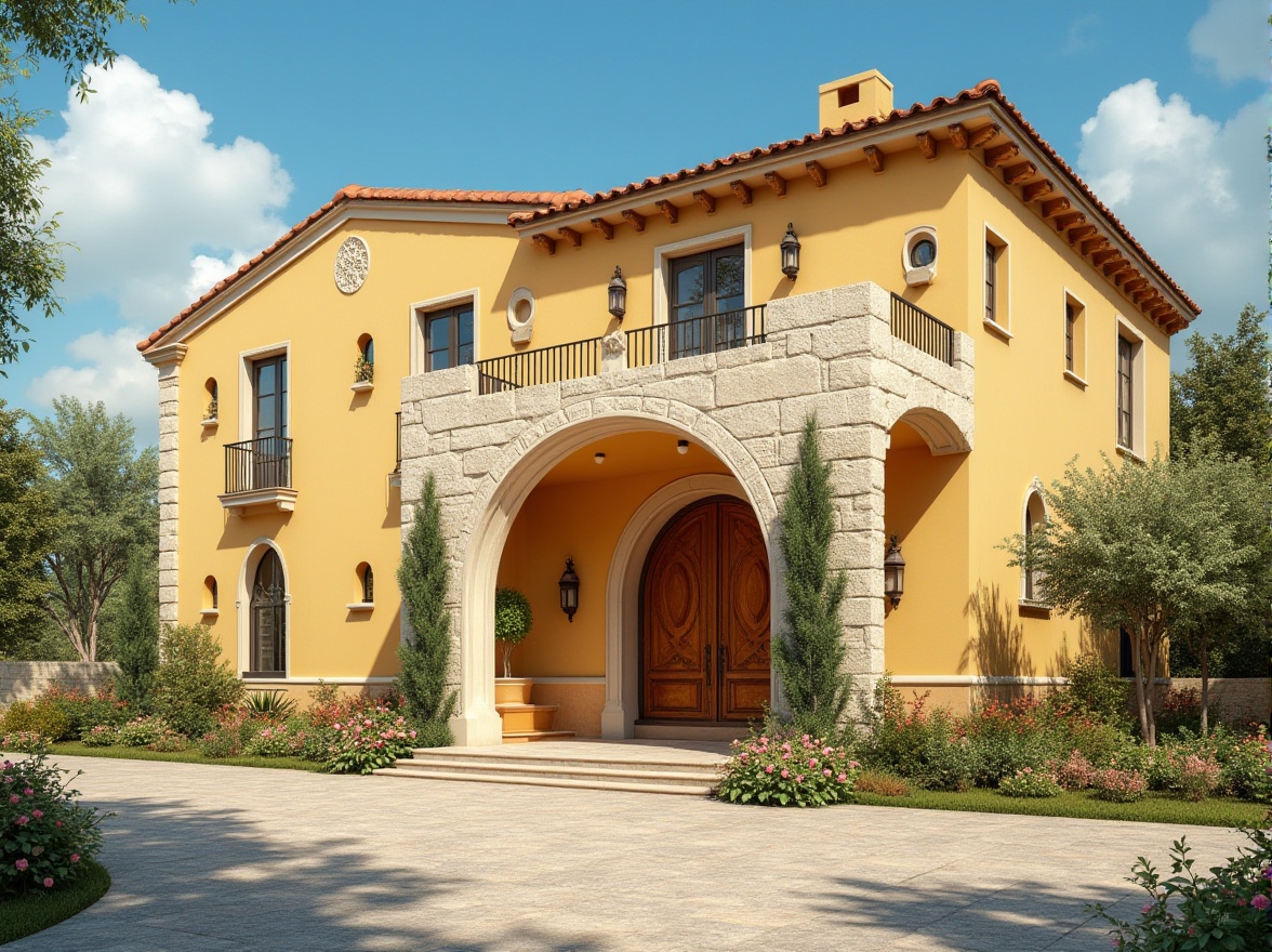 Prompt: Light yellow building, Mediterranean style, bright sunny day, clear blue sky, few white puffy clouds, intricate stone carvings, ornate ironwork, curved lines, smooth stucco walls, large wooden doors, warm soft lighting, gentle shadows, lush greenery, blooming flowers, tranquil atmosphere, 3/4 composition, panoramic view, warm color palette, vibrant details.