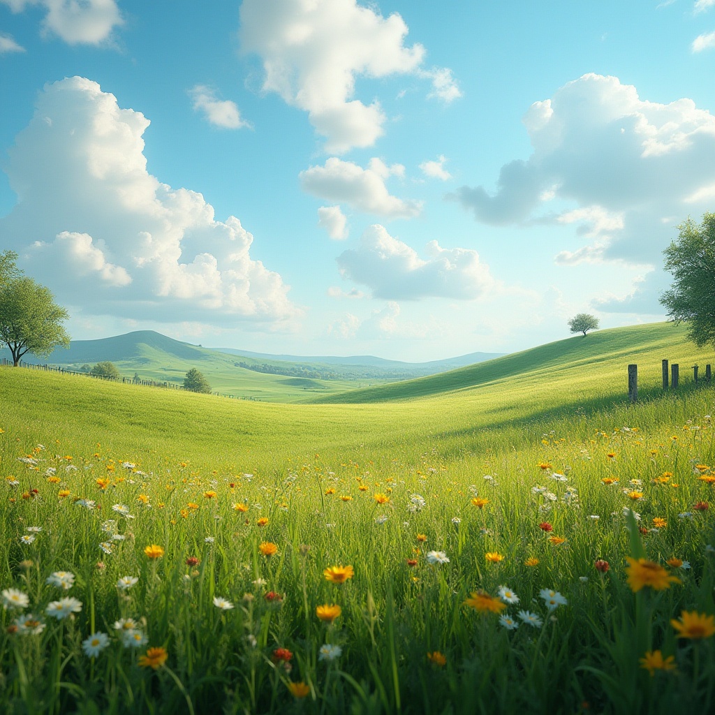 Prompt: Natural grassland, rolling hills, sunny day, blue sky with white clouds, gentle breeze, wildflowers blooming in vibrant colors, tall green grass swaying softly, a few trees scattered around, wooden fence in the distance, warm ambient lighting, cinematic composition, 3/4 view, soft focus on background.