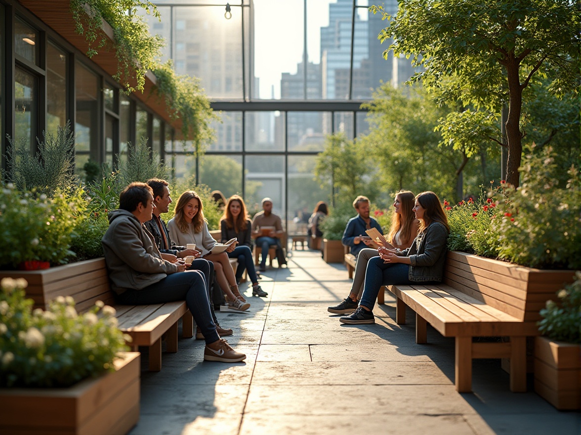 Prompt: Urban community space, rooftop garden, green architecture, modern building, lush greenery, wooden benches, vibrant flower arrangements, natural stone flooring, glass ceiling, cityscape backdrop, sunny afternoon, soft warm lighting, 3/4 composition, shallow depth of field, blurred background, relaxed atmosphere, people socializing, laughing, chatting, coffee cups, laptops, books, casual clothing, sneakers, scarves, urban jungle, eclectic decor, reclaimed wood accents, living walls, vertical gardens, natural ventilation system.