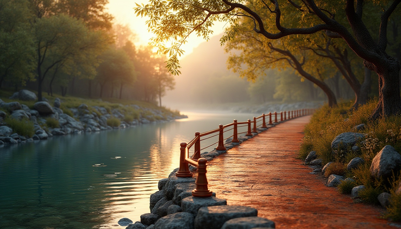 Prompt: Riverbank design, copper material, rusty texture, reflective surface, natural river flow, serene atmosphere, lush greenery, overhanging trees, wooden dock, weathered stones, copper accents on handrails, metallic sheen, warm sunset light, soft mist, peaceful ambiance, 3/4 composition, shallow depth of field, vibrant colors, realistic rendering.