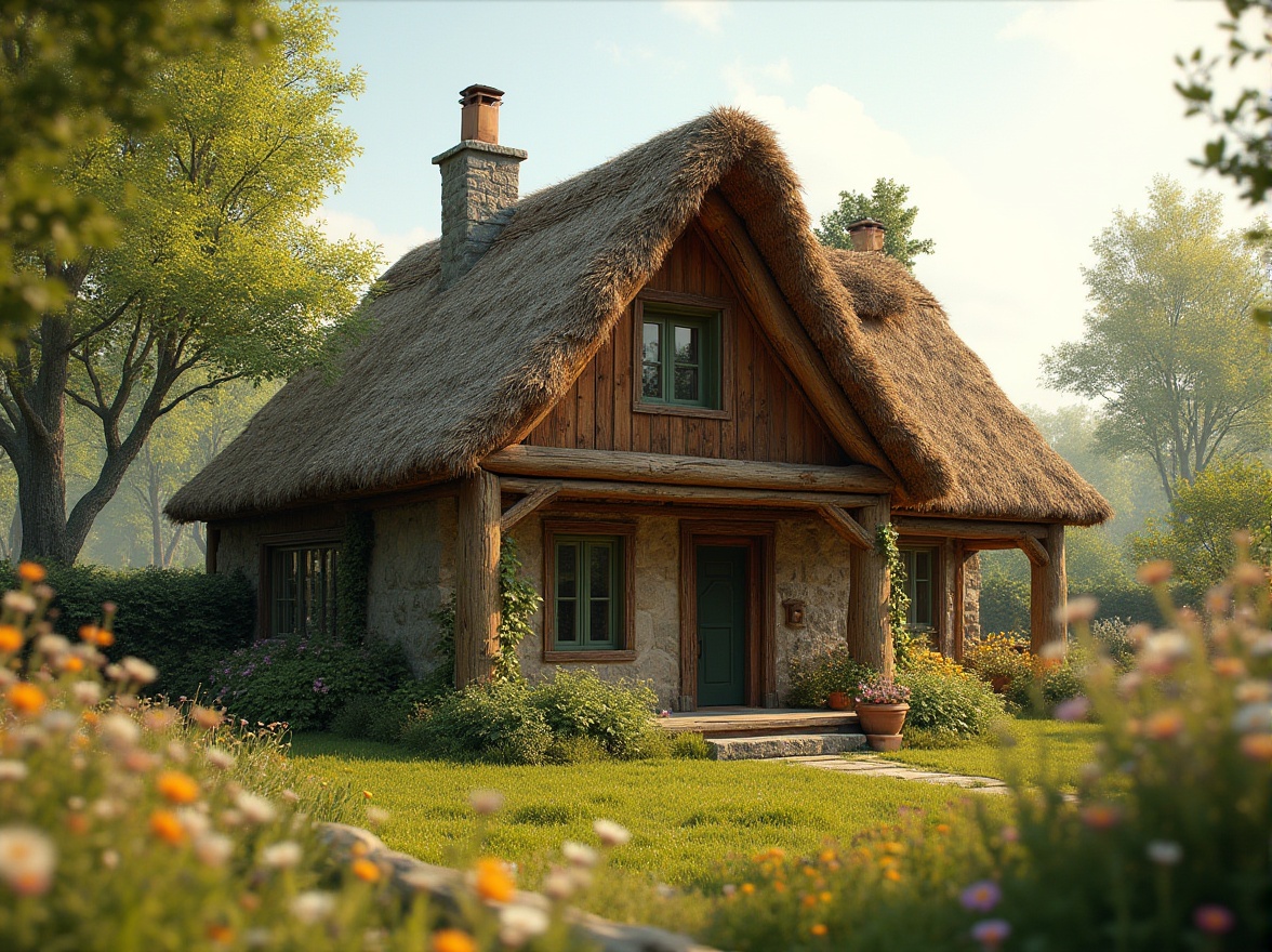 Prompt: Thatched roof cottage, modern rustic design, straw thatch, wooden beams, natural materials, earthy tones, lush greenery surroundings, overgrown bushes, wildflowers blooming, sunny afternoon, warm soft lighting, 3/4 composition, depth of field, focus on thatched roof, panoramic view, serene atmosphere.