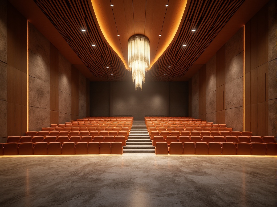 Prompt: Auditorium interior design, modern architecture, granite walls, polished stone floor, luxurious seats, wooden stage, grand chandelier, high ceiling, dramatic lighting, spotlights, 3/4 composition, wide-angle lens, symmetrical framing, warm ambient light, natural texture, sleek lines, minimalist decor.