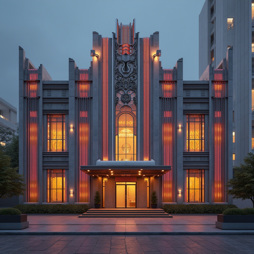 Prompt: Art Deco middle school, futuristic, metallic materials, concrete walls, geometric shapes, angular lines, ornate decorations, intricate patterns, vibrant colors, neon lights, urban cityscape, dusk time, warm lighting, low-angle shot, symmetrical composition, 3D modeling, modernist architecture, brutalist elements, industrial chic, sleek lines, minimalist decor.