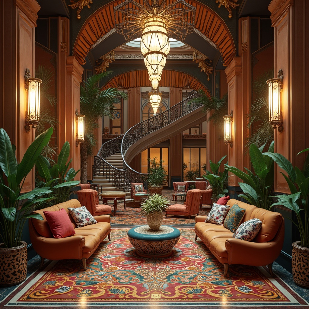 Prompt: Luxurious hotel lobby, eclectic mix of vintage and modern furniture, ornate chandeliers, colorful Moroccan tiles, lush green plants, grand staircase with intricate metalwork, elegant crystal vases, warm ambient lighting, 3/4 composition, shallow depth of field, inviting atmosphere, luxurious fabrics, rich wood tones, abstract artwork, lavish decorations, bold color scheme, dynamic shapes, juxtaposition of different styles, opulent materials, vibrant textures.