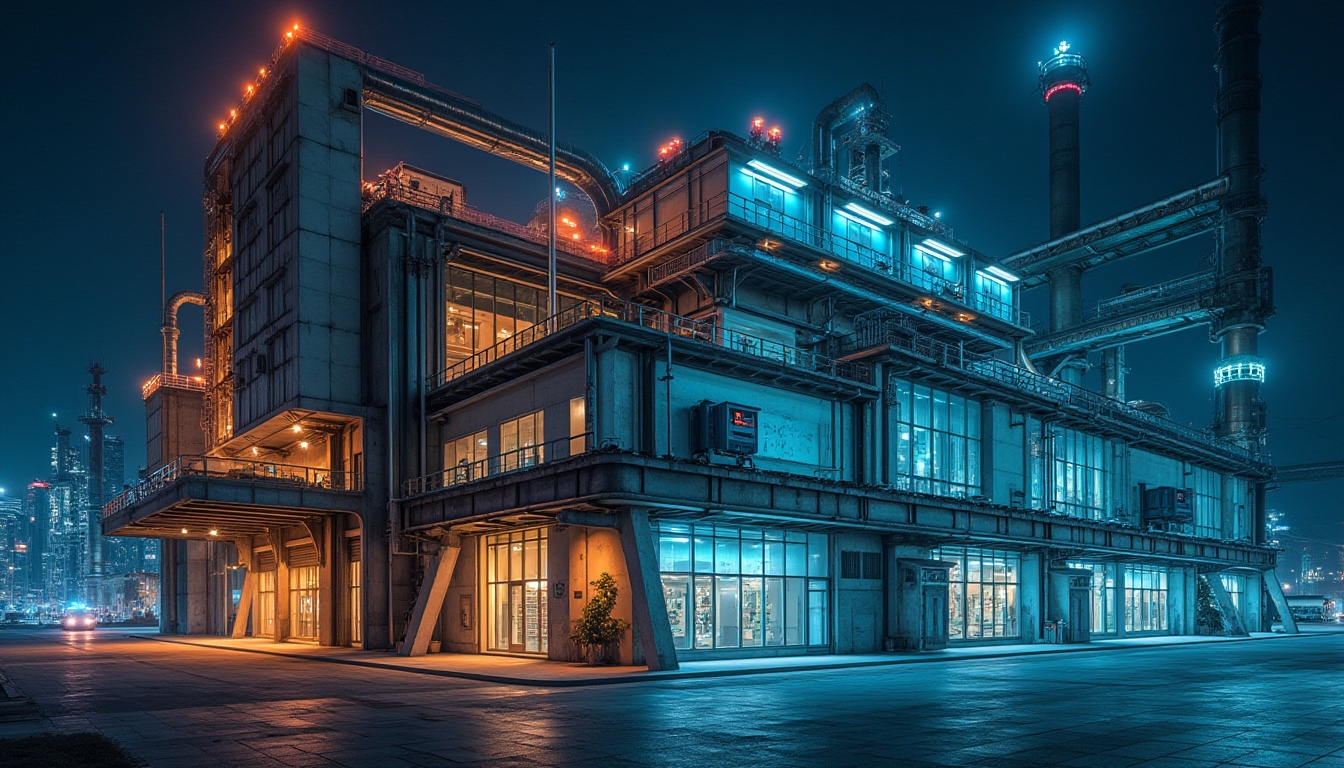 Prompt: Modern architecture, energy plant, structuralism style, futuristic, industrial, metallic, angular lines, geometric shapes, exposed pipes, steel beams, concrete walls, glass windows, neon lights, nighttime, cityscape, urban jungle, dramatic lighting, high contrast, cinematic composition, 3/4 view, low-angle shot, symmetrical framing, bold colors, vibrant accents.