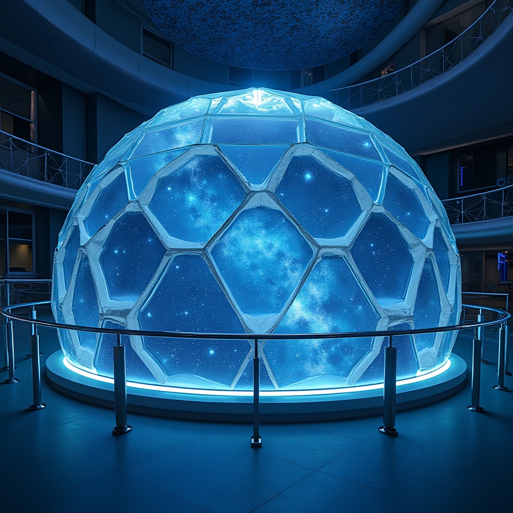 Prompt: Futuristic planetarium, Polycarbonate dome, transparent, reflective surface, intricate structure, hexagonal patterns, LED lights, starry night sky projection, celestial bodies, nebulae, galaxy visualization, 3D astronomical simulation, sleek, modern architecture, minimalistic interior design, stainless steel handrails, dark gray flooring, ambient blue lighting, soft glow, panoramic view, wide-angle shot, shallow depth of field, cinematic composition.