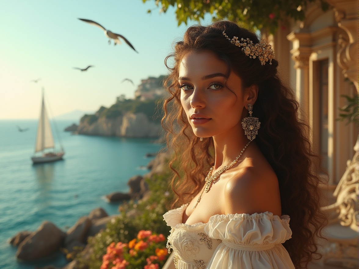 Prompt: Renaissance-inspired lady, elegant, refined features, curly brown hair, adorned with pearls and gemstones, soft focus, warm lighting, standing by a coastal villa, intricate stone carvings, ornate balconies, Baroque architecture, Mediterranean Sea, turquoise water, sailboats in the distance, seagulls flying overhead, lush greenery, blooming flowers, ornate garden benches, subtle sea breeze, golden hour, cinematic composition, soft focus, warm ambient lighting.