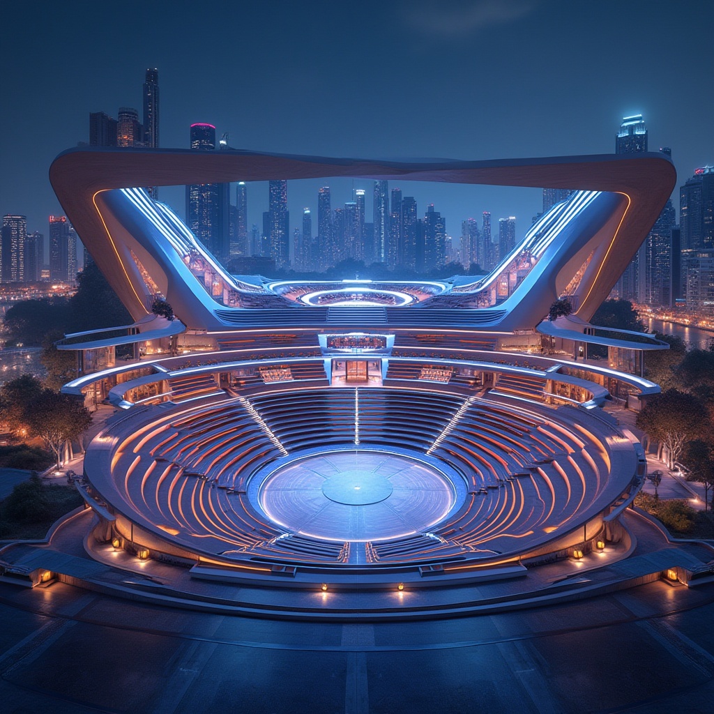 Prompt: Futuristic, innovative amphitheater, modern architecture, sleek lines, curved structure, stainless steel, glass, LED lights, night scene, cityscape, metropolitan, urban planning, vibrant colors, geometric patterns, stairs, seating areas, futuristic interior design, ambient lighting, panoramic view, low-angle shot, cinematic composition, 3/4 perspective, high-tech atmosphere.