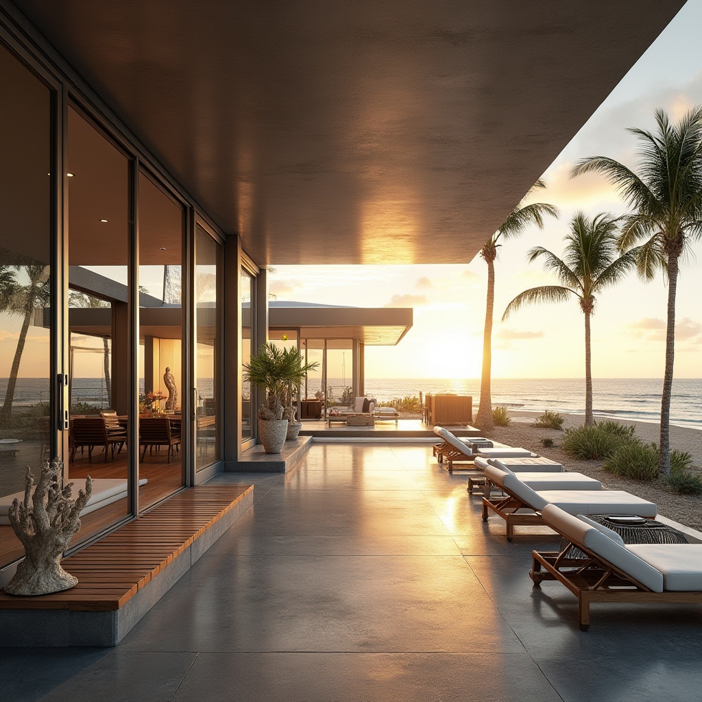 Prompt: Beach modernism, luxurious villa, galvanized steel accents, sleek lines, minimalist decor, floor-to-ceiling windows, sliding glass doors, panoramic ocean view, coastal landscape, sandy beach, palm trees swaying gently, warm sunset light, rustic wooden decking, modern outdoor furniture, stainless steel railings, coral-inspired sculpture, abstract art piece, polished concrete floors, industrial-chic lighting fixtures, metallic sheen, reflective surfaces, 3/4 composition, low-angle shot, dramatic shadows, cinematic ambiance.