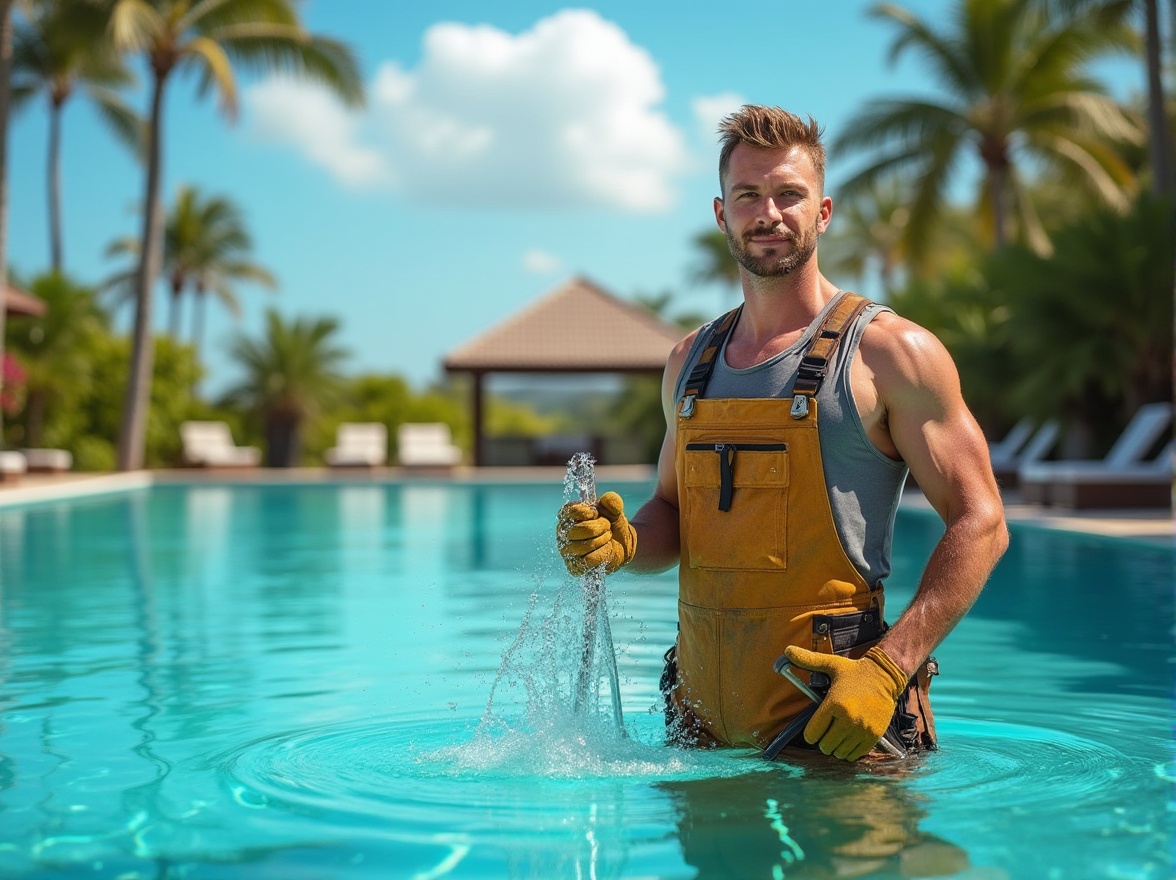 Prompt: Maintenance worker, male, 30s, muscular build, short hair, sweat, dirty overalls, tool belt, holding a pool cleaning net, standing by the side of a sparkling clean Chukum Pool, surrounded by tropical plants, palm trees, bright sunshine, clear blue sky, few fluffy white clouds, water ripples, sun reflection on the pool surface, shallow depth of field, warm ambient lighting, natural colors.